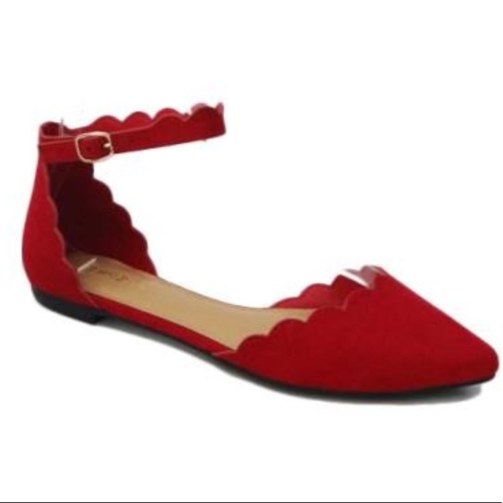 Red Scallop Edge Ankle Strap Flats